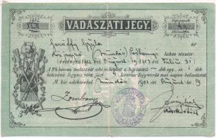 Munkács 1902. Vadászati Jegy kitöltve, 24K értékben, bélyegzéssel T:III,III-