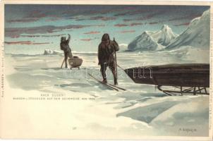 Nach Süden!; Meissner & Buch Künstler-Postkarten Serie 1016. Aus Nansen in Nacht und Eis / Nansen and Johansens expedition to the North Pole, litho s: A. Goldfield