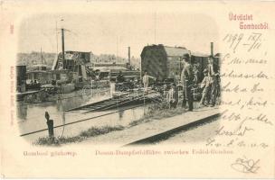 1899 Gombos, Bogojeva; Gőzkomp Erdőd és Gombos között, állomás kotróhajóval. Schön Adolf kiadása / Donau-Dampfschiffähre / steam ferry with locomotive and dredge