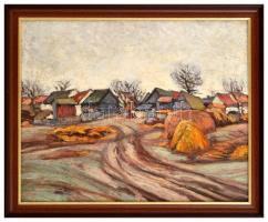 Jelzés nélkül: Házak az út végén. Olaj, vászon, keretben, 40×50 cm