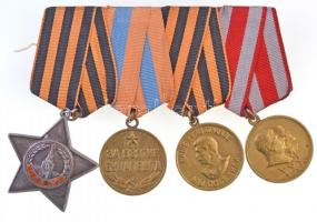 Szovjetunió 1943. Dicsőség rendje, III. osztály Ag kitüntetés mellszalaggal, hátoldalán gravírozott sorszám + 1945. A Németország felett aratott győzelemért az 1941-1945-ös Nagy Honvédő Háborúban sárgaréz kitüntetés mellszalaggal + 1945. Budapest elfoglalásának emlékérme sárgaréz kitüntetés mellszalaggal + 1948. Jubileumi Érem - A szovjet Hadsereg és Haditengerészet 30. évfordulójának emlékére aranyozott kitüntetés mellszalagon. A négy kitüntetés össze van fűzve. T:2,2- Soviet Union 1943. Order of Glory, 3rd Class Ag decoration with ribbon with engraved serial number on backside + 1945. Medal for the Victory over Germany in the Great Patriotic War 1941-1945 brass decoration with ribbon + 1945. Medal For the Capture of Budapest brass decoration with ribbon + 1948. Jubilee Medal - 30 Years of the Soviet Army and Navy gold plated metal decoration with ribbon. The four decorations are interlinked. C:XF,VF