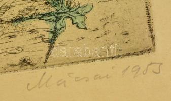 Mácsai István (1922- 2005): Hajók a Lánchídnál. Színezett rézkarc, papír, jelzett, 23×30 cm