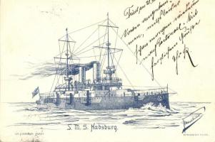 SMS Habsburg osztrák-magyar Habsburg-osztályú pre-dreadnought csatahajó / K.u.K. Kriegsmarine, SMS Habsburg, Lit. v. Stranschi artist signed (EK)