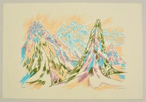 Szilárd Klára (1921-): Hegycsúcsok. Színes szitanyomat, papír, jelzett, 36×54 cm