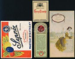 5 db háború előtti italcímke, számolócédula, stb. (Cherry Brandy, Elida, Seprő pálinka, stb.), közte litho