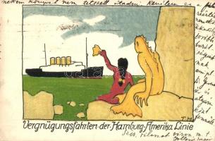 Vergnügungsfahrten der Hamburg-Amerika Linie / Ship art postcard. H. G. Rahtgens Graphische Kunstanstalt s: Theod. Herrmann (EK)