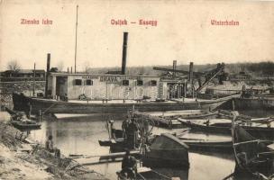 1914 Eszék, Osijek, Esseg; téli kikötő, MKÁ Drávak kotró uszály / Zimska Luka / Winterhafen / winter port, barge, dredge (EK)