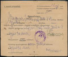 1918 Bp., I. honvéd pótzászlóalj által kiállított leszerelési igazolvány