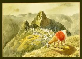 Castilloc jelzéssel: Machu Picchu. Akvarell, papír, paszpartuban, 24×35 cm