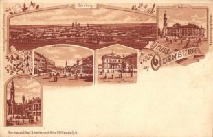 Sopron, Oedenburg; városháza, színház, Liszt szobor, Várkerület, Vármegye tér. Kunstanstalt Schwidernoch Art Nouveau, floral, litho