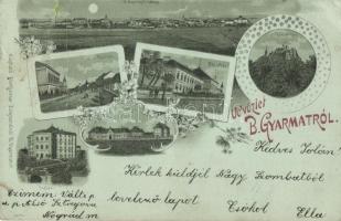 1899 Balassagyarmat, Fő utca, megyeház, kórház, Kékkői vár, fogház. Wertheimer Zsigmond floral, Art Nouveau, litho (fa)