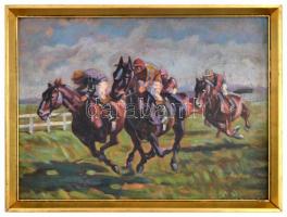 Olvashatatlan jelzéssel: Lóverseny. Olaj, karton, keretben, 30×42 cm