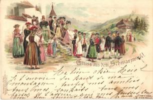 1897 Gruss aus dem Schwarzwald, Schwarzwälder Bauern Hochzeit. Constantin Wild / German folklore from the Black Forest, wedding. litho