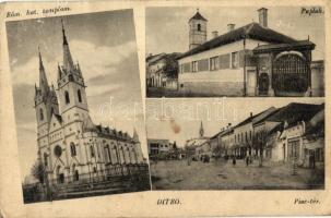 Ditró, Ditrau; római katolikus templom, paplak, Piac tér / church, rectory, market square (Rb)