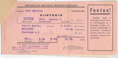 Budapest 1937. "Providentia Biztosító Részvénytársaság" kötvény függeléke díjnyugtákkal és...