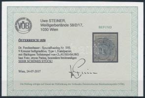 9kr HP I. világos szürkéskék ,,CL(AUSE)NBURG" Certificate: Steiner 9kr HP I. ligth greyish blue...