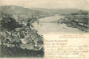 1898 Budapest, látkép a Dunával és a Lánchíddal, Tabán, Döbrentei tér. Schmidt Edgar kiadása (EK)