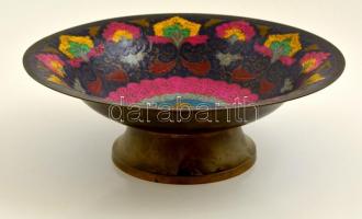 Díszes pávás zománcozott fém tál, jelzett, kopásokkal, d: 29 cm