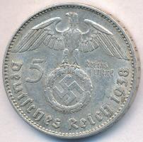 Német Harmadik Birodalom 1938J 5M Ag "Hindenburg" T:2 
German Third Reich 1938J 5 Mark Ag...