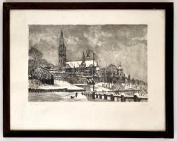 Olvashatatlan jelzéssel: Téli Mátyás templom, rézkarc, papír, számozott, üvegezett fa keretben, 26×4...