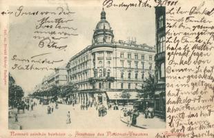 Budapest VIII. Nemzeti színház bérháza, Szikszay Ferenc étterme és kávéháza, villamosok. Divald Károly 241. sz. (EK)