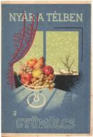 6 db RÉGI képeslap, 4 gyümölcsös propaganda reklámlap és két magyar népviseletes motívumlap / 6 pre-1945 postcards, 4 fruit health propaganda and 2 Hungarian folklore