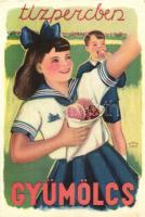 6 db RÉGI képeslap, 4 gyümölcsös propaganda reklámlap és két magyar népviseletes motívumlap / 6 pre-...