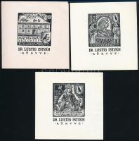 Drahos István (1895-1968): Ex libris Dr. Lustig István. 3 db, fametszet, papír, jelzett a dúcon, 6x4,5 cm