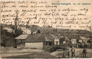 Retteg, Reteag; Református templom, utcakép híddal / Calvinist church, street view with bridge