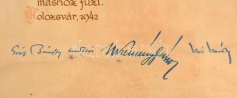 1942 Kolozsvár, Az Erdélyi Szépmíves Céh által ajándékozott díszoklevél, nyomtatott aláírásokkal, ki...