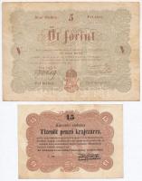 1848. 5Ft Kossuth bankó barna nyomat + 1849. 15kr Kossuth bankó T:III,III- tűly. Adamo G102