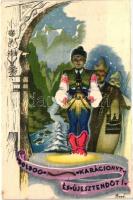 4 db RÉGI Bozó irredenta üdvözlőlap / 4 pre-1945 Bozó signed Hungarian irredenta greeting art postca...