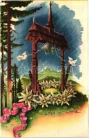 4 db RÉGI Bozó irredenta üdvözlőlap / 4 pre-1945 Bozó signed Hungarian irredenta greeting art postca...