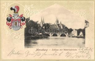 Merseburg, Schloss mit Waterloobrücke / castle with bridge. coat of arms, Emb. Art Nouveau. Reinicke & Rubin No. 671.
