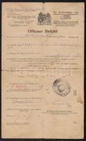 1918 Osztrák-magyar Hadsereg katonai nyílt parancs, bélyegzővel, aláírással34x21 cm