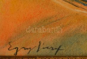 Egry jelzéssel: Ladikok a balatoni naplementében, pasztell, papír, üvegezett fa keretben, 39×29,5 cm