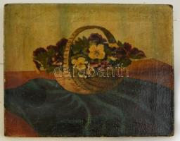Koszta jelzéssel: Virágkosaras csendélet, olaj, vászon, 36,5×45,5 cm