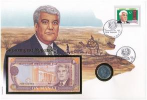 Türkmenisztán 1993. 10M bankjegy + 1995. 50T érme bélyeges borítékon, FDC bélyegzéssel T:1
