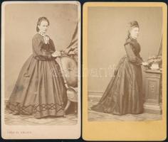 cca 1865 Női divat az 1860-as évekből, 2 db vizitkártya méretű fénykép, 10x6,5 cm