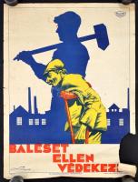 cca 1935 Gyertyáni Németh Gyula (1892 - 1946): Baleset ellen védekezz! O.T.I. Balesetelhárítási Propagandairodája plakát, Posner Műintézet, litográfia, szakadt, 62x47 cm