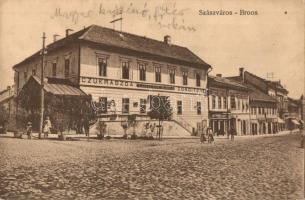 Szászváros, Broos, Orastie; utcakép, Eisenburger kávéház és cukrászda, Oprean Aurél üzlete / street view, confectionery, café, shops (ázott sarok / wet corner)