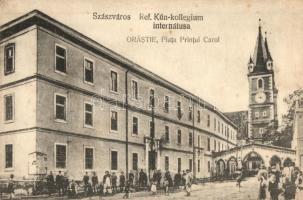 Szászváros, Broos, Orastie; Károly herceg tér, Református Kun kollégium internátusa / Piata Printul Carol / Calvinist boarding school dormitory, square (EK)