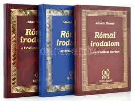 Adamik Tamás: Római irodalom I-III. kötet. I. kötet: Római irodalom az archaikus korban. II. kötet: Római irodalom az aranykorban. III. kötet: Római irodalom a késő császárkorban. Bp., 1993-1996, Seneca. Kiadói aranyozott műbőr-kötés.