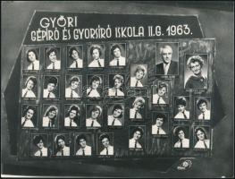 1963 Győr, a Gépíró és Gyorsíró iskola tanárai és végzett diákjai, kistabló 30 nevesített portréval, 18x24 cm
