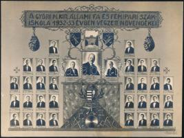 1933 Győr, a M. Kir. Fa és Fémipari Szakiskola tanárai és végzett diákjai, kistabló 36 nevesített portréval, 16x21 cm