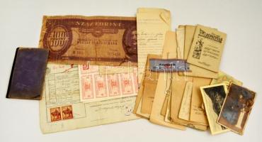 cca 1900-1960 Vegyes papírrégiség tétel, kb. 100 db, köztük okmányok, házassági anyakönyvi kivonat, munkakönyv, képeslapok