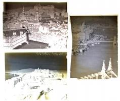 cca 1920 Budapesti látképek, két felvételen a Tabán alja is látszik, 3 db vintage üveglemez negatív, 9x12 cm