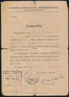 1945 Engedély Budapest elhagyására, igazolás arról, hogy az engedély birtokosa nem került annak gyanújába, hogy nyilas volt ,vagy a fasizmust támogatta volna, pecséttel, aláírással, 20,5x15 cm