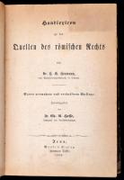 Dr. H. G. Heumann: Handlexikon zu den Quellen des römischen Rechts. Jena, 1869, Mauke. Negyedik, javított és bővített kiadás. Korabeli félbőr-kötésben, kopottas borítóval és gerinccel, kissé sérült gerinccel, német és latin nyelven./ Half-leather-binding, with worn cover and spine, with little bit damaged spine, in Latin and German languages.