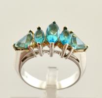 Ezüst(Ag) gyűrű, kék üveg kövekkel, jelzett, méret: 52, bruttó: 5 g